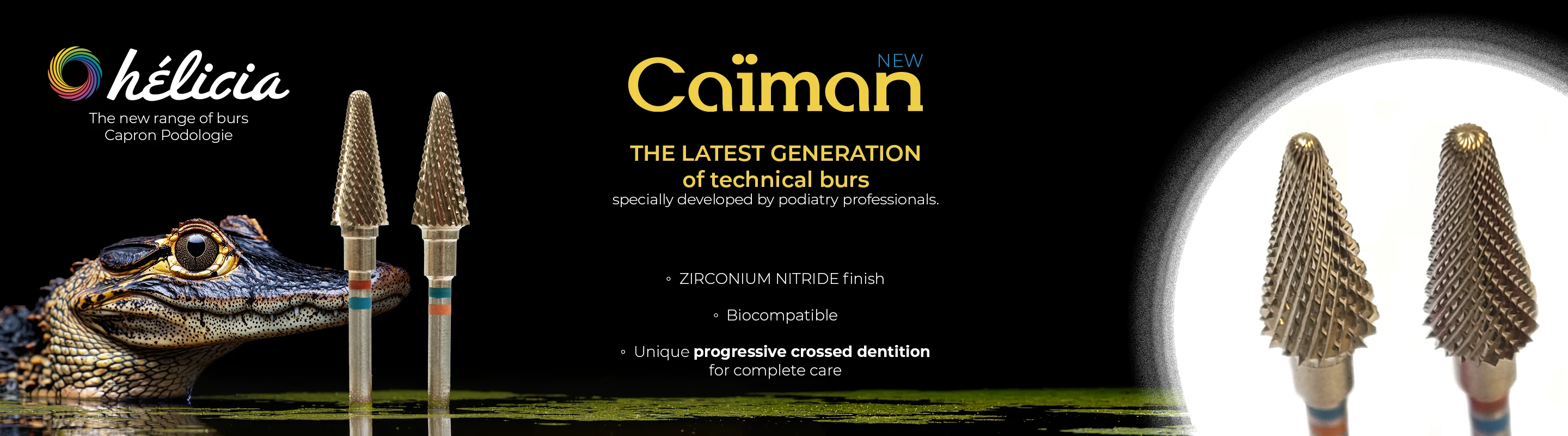 The new CaÏman milling cutter from the Hélicia range is presented online. A caiman on the right, a description of the milling cutters in the middle, and a close-up of the teeth on the right.
